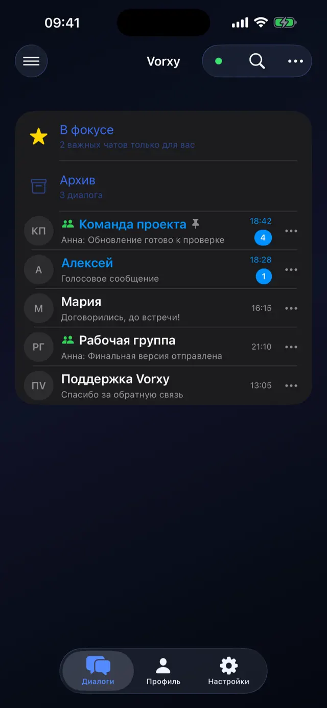 Список диалогов Vorxy на iPhone